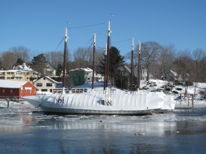 Maine windjammers slumbering in Camden Harbor. Hilary Nangle photo.