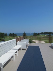The truly oceanfront Samost Resort edges Penobscot Bay, with views to Vinalhaven and North Haven islands as well as out to the adjacent Rockland, Maine, breakwater. Hilary Nangle photo. 