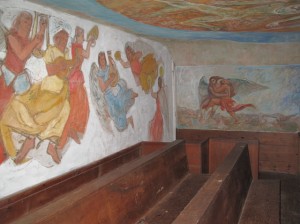 Be sure to visit the choir loft of the South Solon Meeting House to see the frescoes painted on those walls and for a closer view of the ceiling. Hilary Nangle photo. 