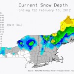 The National Weather Service northeast snow depth map for Feb. 16 shows that northern Maine has the largest stretch of land with 10-20 inches of snow on the ground. Credit: NOAA/NWS Northeast River Forecast Center.