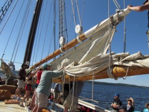 Although Sheila Grant says she helped raise and lower sails aboard the schooner Mary Day, it appears she was taking photos at the time (grin). Sheila Grant photo.