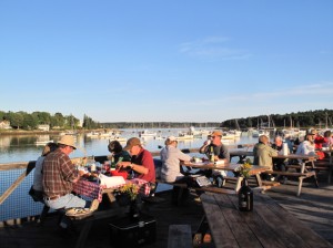 Locals know to bring all the fixings, from tableclothes to wine, when dining at one of Round Pond's harborfront lobster shacks. Hilary Nangle photo.