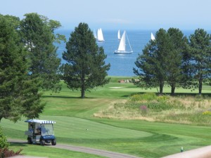 From the Samoset's deck, you can look out over the golf course to boats sailing in Penobscot Bay. Hilary Nangle photo.