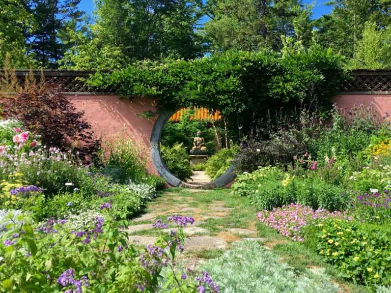 the Abbe Aldrich Rockefeller Garden is accented with artifacts from the Far East