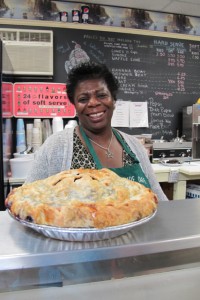 Frances' sky-high bluebery pie at the Quiet Side Cafe in SW HArbor, MAine. Hilary NAngle photo.IMG_2925