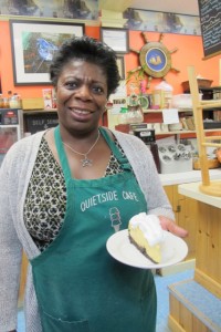 Frances, with a slice of her to-die-for key lime pie at Quiet Side Cafe, Southwest Harbor. Hilary Nangle photo. IMG_2927