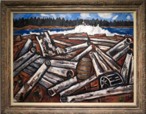  The Ambajejus Boom House recalls the era depicted in Marsden Hartley's Log Jam, Penobscot Bay, 1940-41, oil on hardboard (massonite).