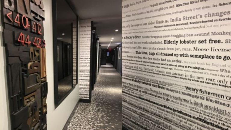The Press Hotel in Portland, Maine, is decorated with a newspaper theme honoring the building's former life as home to the state's largest paper. ©Hilary Nangle