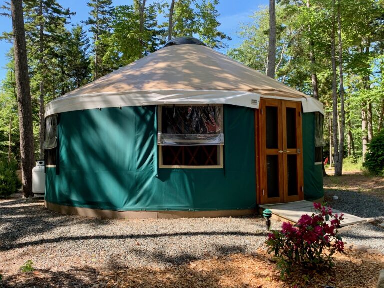 Green yurt at Acadia Yurts campground