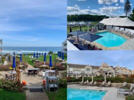 Collage depicts three Maine hotels that always participate in HospitalityMaine's Hospitality for Habitat promotion (clockwise from left): the Beachmere in Ogunquit, the Nonantum in Kennebunkport, and the Inn by the Sea in Cape Elizabeth @Hilary Nangle