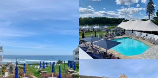 Collage depicts three Maine hotels that always participate in HospitalityMaine's Hospitality for Habitat promotion (clockwise from left): the Beachmere in Ogunquit, the Nonantum in Kennebunkport, and the Inn by the Sea in Cape Elizabeth @Hilary Nangle