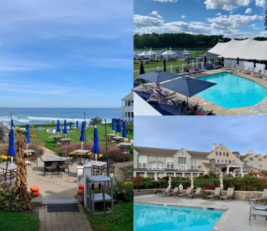 Collage depicts three Maine hotels that always participate in HospitalityMaine's Hospitality for Habitat promotion (clockwise from left): the Beachmere in Ogunquit, the Nonantum in Kennebunkport, and the Inn by the Sea in Cape Elizabeth @Hilary Nangle