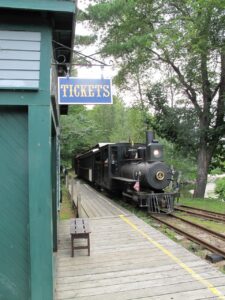 One of the original buildings of the Sandy River & Rangeley Lakes Railroad houses the ticket office for the excursion train. 