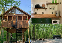 Purposefully Lost treehouse, hot tub and outdoor fire pit, kitchen detail showing retro microwave