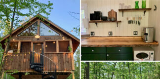 Purposefully Lost treehouse, hot tub and outdoor fire pit, kitchen detail showing retro microwave