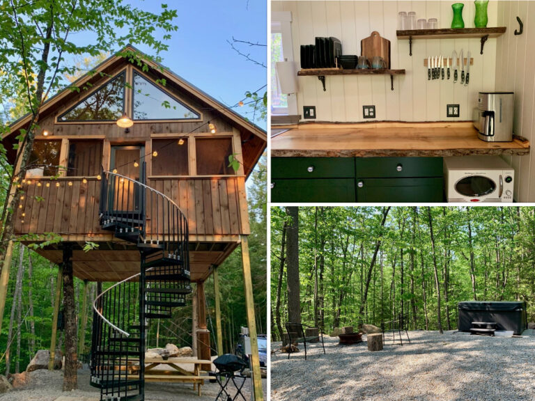 Purposefully Lost treehouse, hot tub and outdoor fire pit, kitchen detail showing retro microwave
