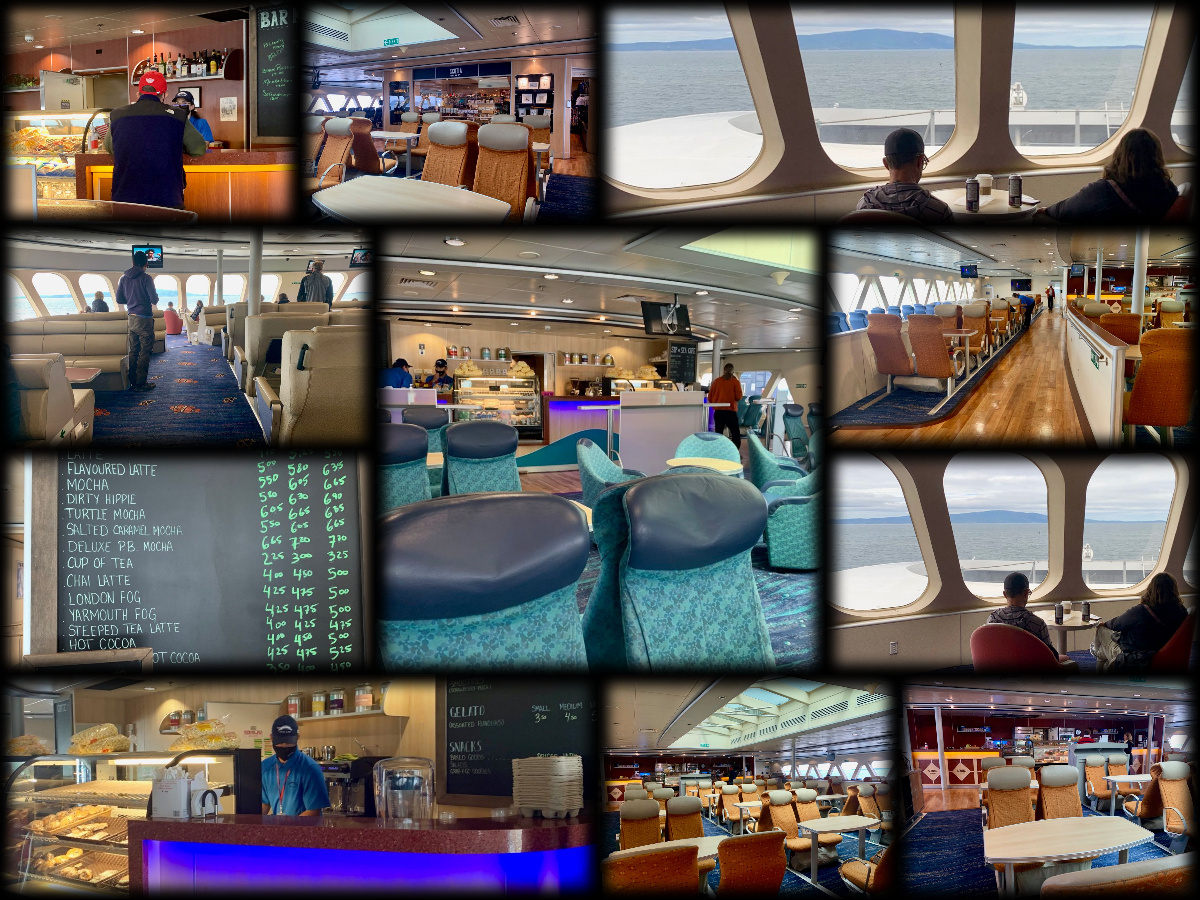Collage of seating areas, lounges, and food service options aboard The Cat ferry