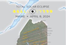 map showing the path of Great American Eclipse in Maine as created by Michael Zeiler, GreatAmericanEclipse.com