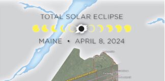 map showing the path of Great American Eclipse in Maine as created by Michael Zeiler, GreatAmericanEclipse.com