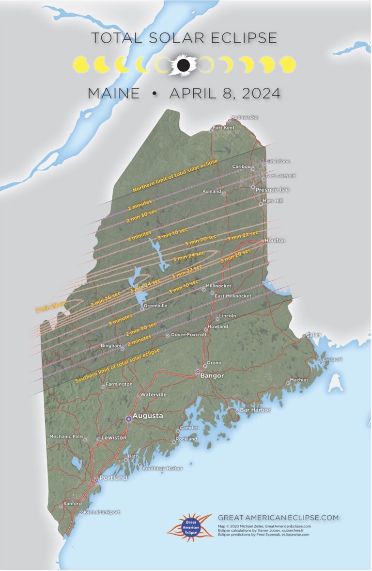 map showing the path of Great American Eclipse in Maine as created by Michael Zeiler, GreatAmericanEclipse.com