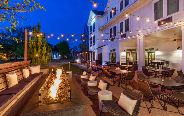 Outdoor patio with fireplace at Noble Kitchen & Bar. The Brunswick Hotel Review. courtesy photo