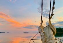 Maine windjammer at sunset.