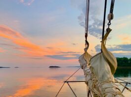 Maine windjammer at sunset.