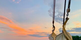 Maine windjammer at sunset.