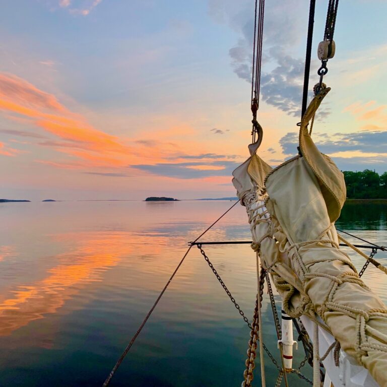 Maine windjammer at sunset.